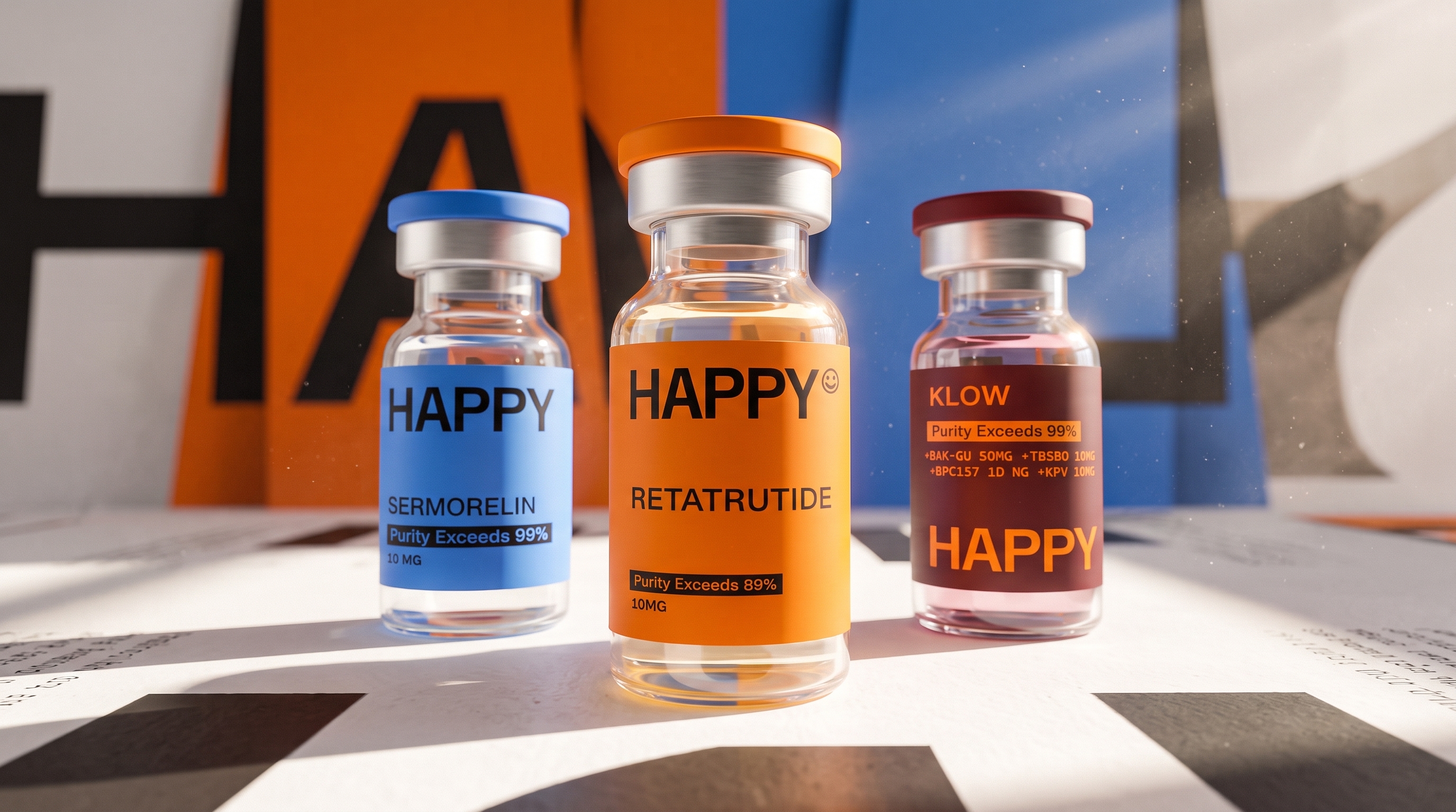 Three Happy research compound vials in the orange and blue brand environment