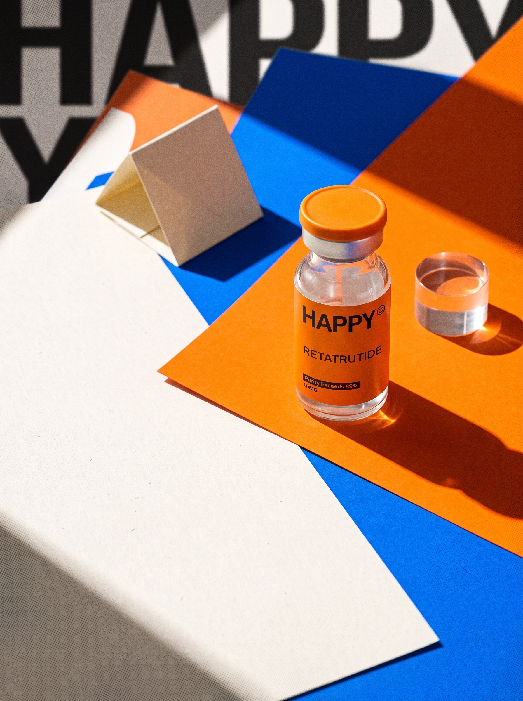 Happy Retatrutide vial in an orange and blue research setting