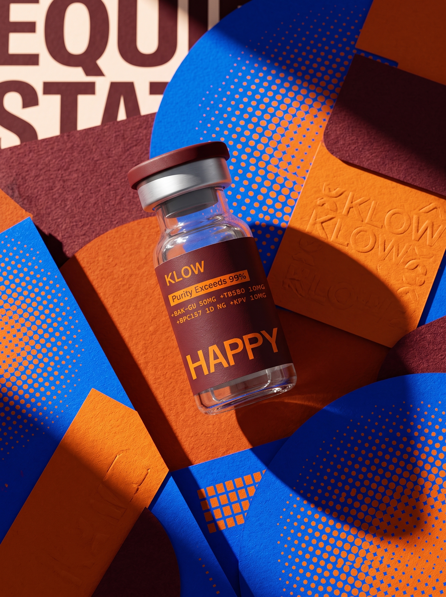 Happy KLOW vial with expressive orange and blue graphics